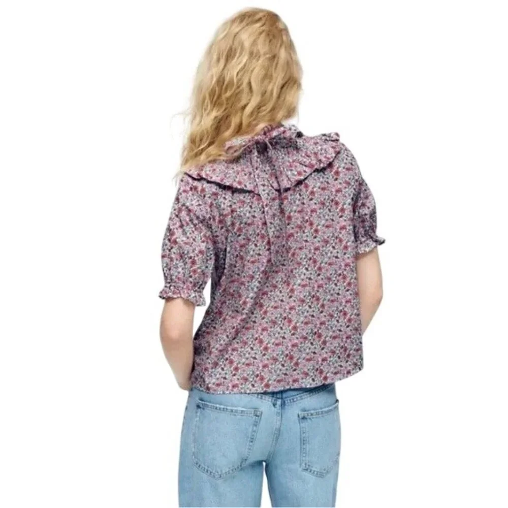 Zara Blouse Size Small Floral Smocked Ruffled High Neck Short Sleeves Bohemian